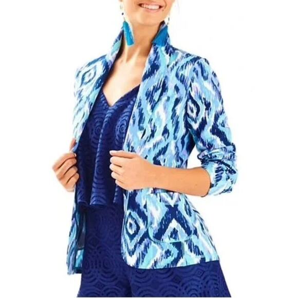 Lilly Pulitzer Mindy Shawl Collar‎ Cardigan Blazer in Blue Swish Print, Size XS - Picture 2 of 11